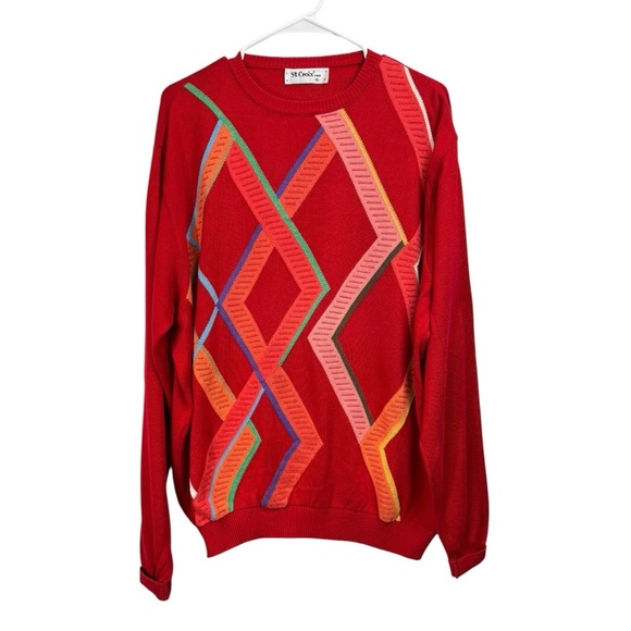 St. Croix Sweater Sz XL Red Multicolored Textured Cotton Pullover USA Made LN - Picture 1 of 8